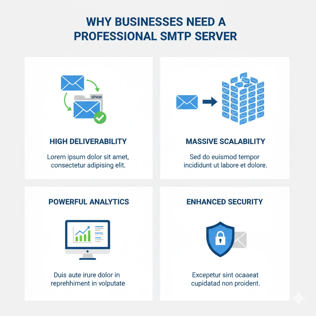 An infographic explaining why businesses buy SMTP servers for professional email delivery