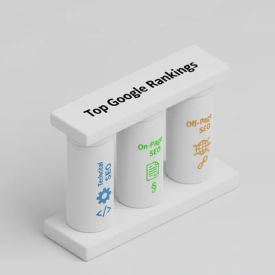 Diagram of the three pillars of a Complete SEO Service Technical, On-Page, and Off-Page SEO